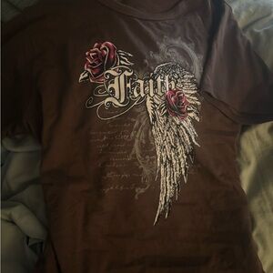 Faith Graphic Brown T-Shirt with Rose and Wing Design